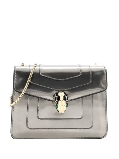Pre-owned Bvlgari Serpenti Forever Square Metallic Leather Small Shoulder Bag In Gray