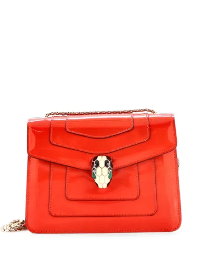 Pre-owned Bvlgari Serpenti Forever Square Metallic Leather Small Shoulder Bag In Orange