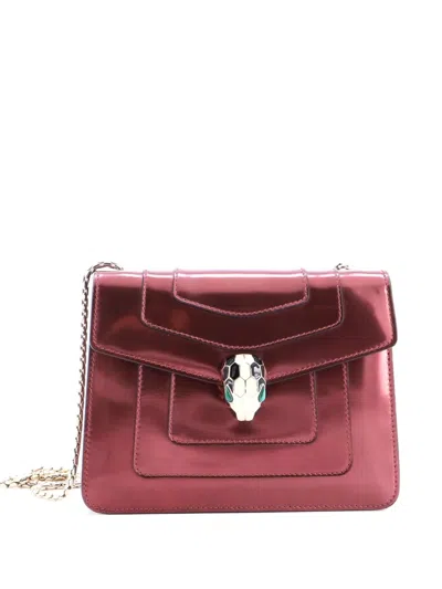 Pre-owned Bvlgari Serpenti Forever Square Metallic Leather Small Shoulder Bag In Red