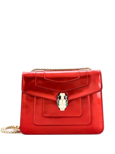 Pre-owned Bvlgari Serpenti Forever Square Metallic Leather Small Shoulder Bag In Red