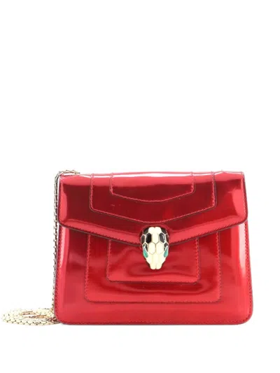 Pre-owned Bvlgari Serpenti Forever Square Metallic Leather Small Shoulder Bag In Red