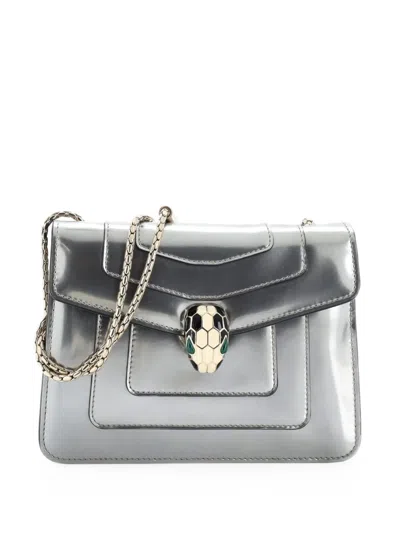 Pre-owned Bvlgari Serpenti Forever Square Metallic Leather Small Shoulder Bag In Silver