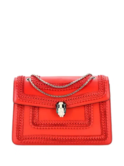 Pre-owned Bvlgari Serpenti Forever Square Plisse Leather Medium Shoulder Bag In Red