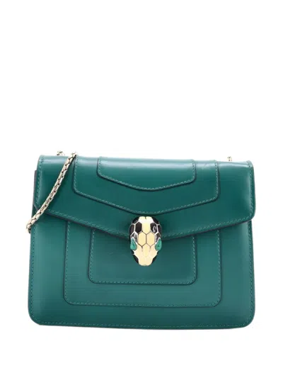 Pre-owned Bvlgari Serpenti Forever Square Shoulder Bag Leather Small Crossbody Bag In Green