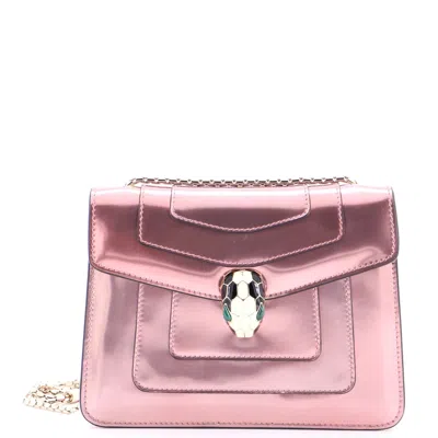 Bvlgari Serpenti Forever Square Shoulder Bag Metallic Leather Small In Pink