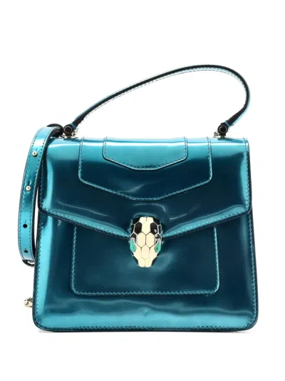 Pre-owned Bvlgari Serpenti Forever Top Handle Bag Patent Small Satchel In Blue