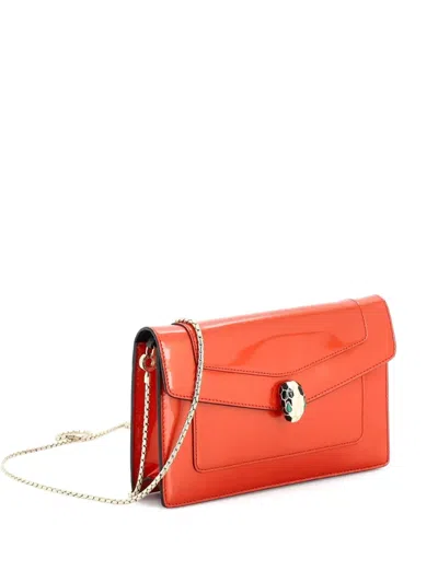 Pre-owned Bvlgari Serpenti Forever Wallet On Chain Patent Crossbody Bag In Orange