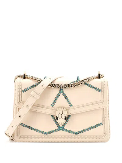 Pre-owned Bvlgari Serpenti Forever Whipstitched Leather Small Shoulder Bag In Neutral