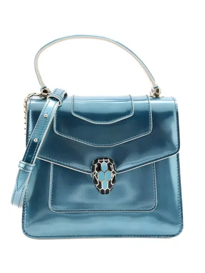 Pre-owned Bvlgari Serpenti Top Handle Bag Patent Small Satchel In Blue