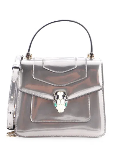 Pre-owned Bvlgari Serpenti Top Handle Bag Patent Small Satchel In Silver