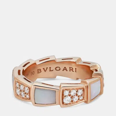 Pre-owned Bvlgari Serpenti Viper Diamond & Mother Of Pearl Band Ring 18k Rose Gold Eu 50