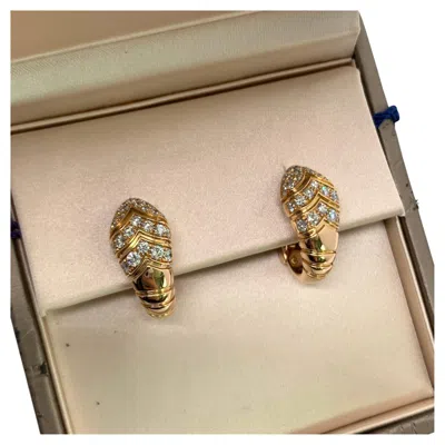 Pre-owned Bvlgari Serpenti Viper Earrings 18k Rose Gold Pave Diamond Hoop Studs Pair In Red