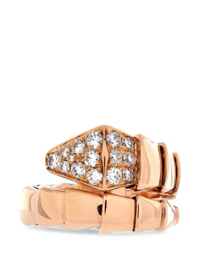 Pre-owned Bvlgari Serpenti Viper One-coil 18k Rose Gold With Diamonds Wide Ring In Pink