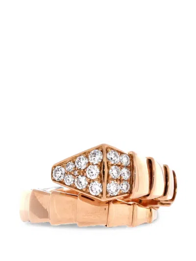 Pre-owned Bvlgari Serpenti Viper One-coil 18k Rose Gold With Diamonds Wide Ring In Pink