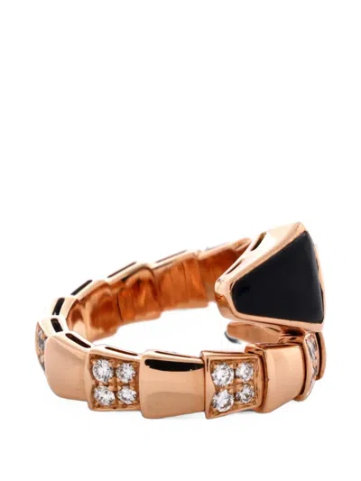Pre-owned Bvlgari Serpenti Viper One-coil 18k Rose Gold With Onyx And Semi Pave Diamonds Wide Ring In Pink