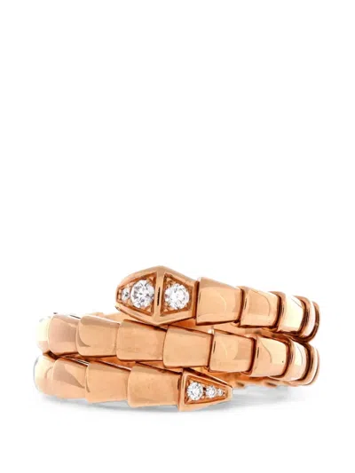 Pre-owned Bvlgari Serpenti Viper Two-coil 18k Rose Gold With Diamond Ring In Pink