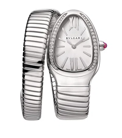Bvlgari Stainless Steel And Diamond Serpenti Tubogas Watch In White