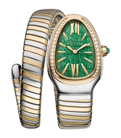 Bvlgari Stainless Steel, Yellow Gold And Diamond Serpenti Tubogas Watch 35mm In Green