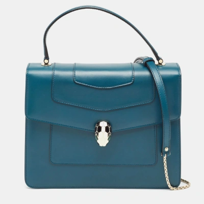 Pre-owned Bvlgari Teal Blue Leather Medium Serpenti Forever Top Handle Bag