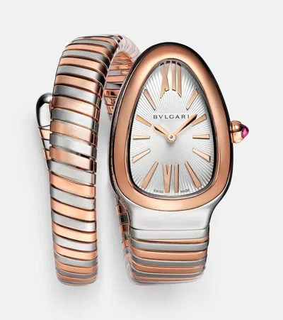 Bvlgari Serpenti Tubogas 35mm 18kt Rose Gold And Stainless Steel Watch With Rubellite In Silber