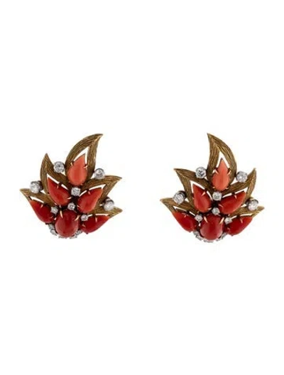 Pre-owned Bvlgari Vintage Coral & 1.70ctw Diamond Clip-on Earrings In Multicolor