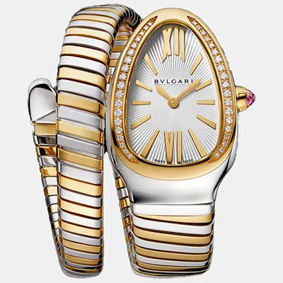 Pre-owned Bvlgari White 18k Yellow Gold Stainless Steel Diamond Serpenti Tubogas Women's Wristwatch 35 Mm