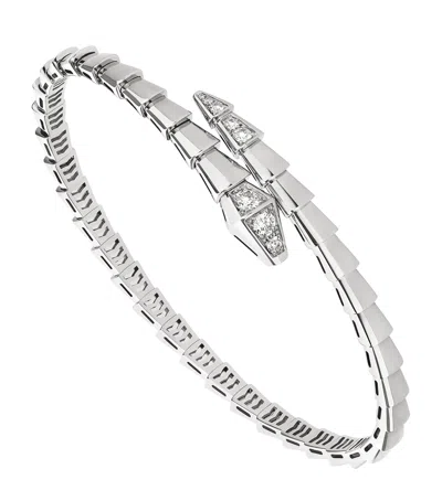 Bvlgari White Gold And Diamond Serpenti Viper Bangle In Silver