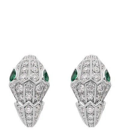 Bvlgari White Gold, Diamond And Emerald Serpenti Earrings In Metallic