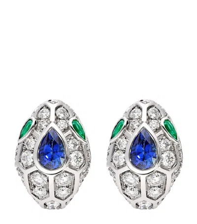 Bvlgari White Gold, Diamond, Sapphire And Emerald Serpenti Earrings In Metallic