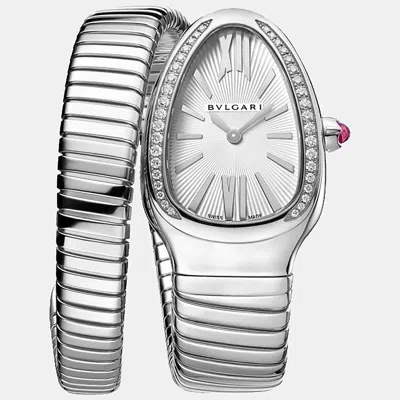 Pre-owned Bvlgari White Stainless Steel Diamond Serpenti Tubogas Women's Wristwatch 35 Mm