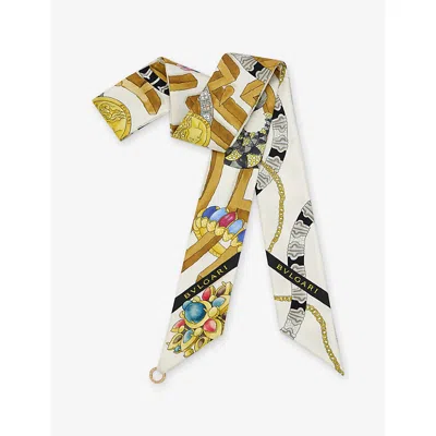 Bvlgari Womens White Heritage Wonder Shelly Garden Slim Silk Scarf In Multi