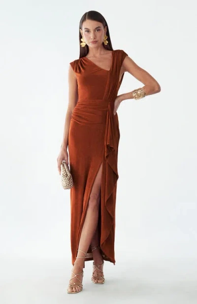 Bwldr Ruched Asymmetric Maxi Dress In Brown