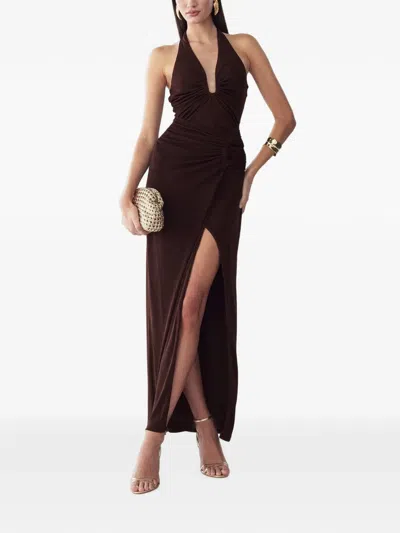 Bwldr Dakota Ruched Halterneck Maxi Dress In Brown