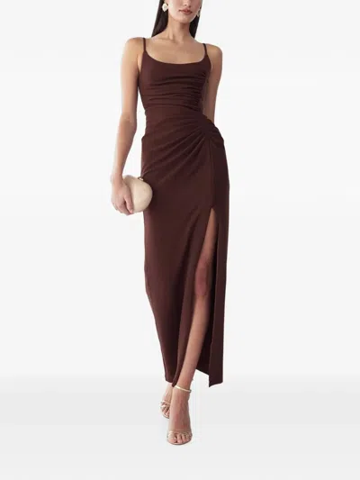 Bwldr Lani Ruched Side-slit Maxi Dress In Brown