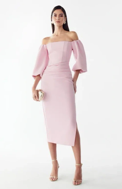 Bwldr Off-the-shoulder Puff-sleeve Midi Dress In Pink