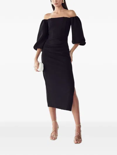 Bwldr Off-shoulder Puff-sleeve Midi Dress In Black