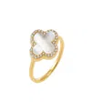 By Adina Eden Cubic Zirconia Pave Outlined Four Leaf Clover Stone Ring In White