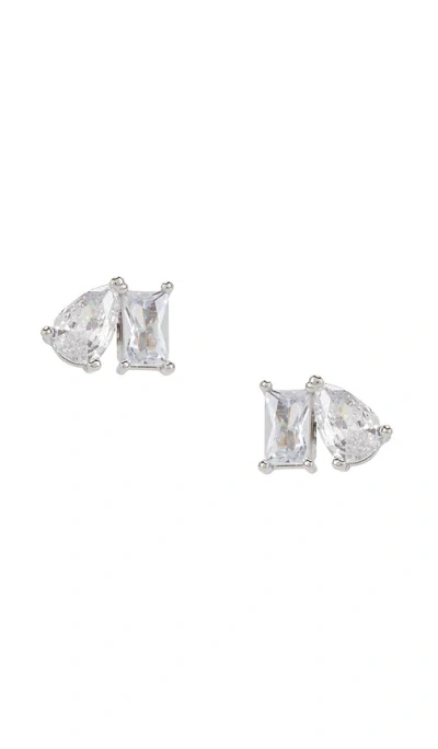 By Adina Eden Cz Teardrop X Baguette Stud Earring In Metallic Silver