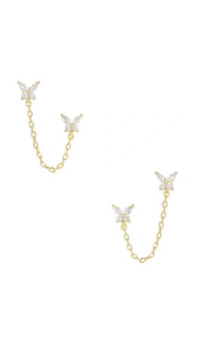 By Adina Eden Double Butterfly Chain Stud Earring In Metallic Gold