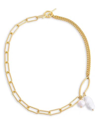 By Adina Eden Imitation Pearl Charm Mixed Link Necklace In 18k Gold Plated, 15 In White/gold