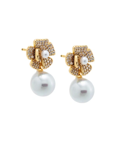 By Adina Eden Pave Dangling Flower Imitation Pearl Stud Earring In Gold