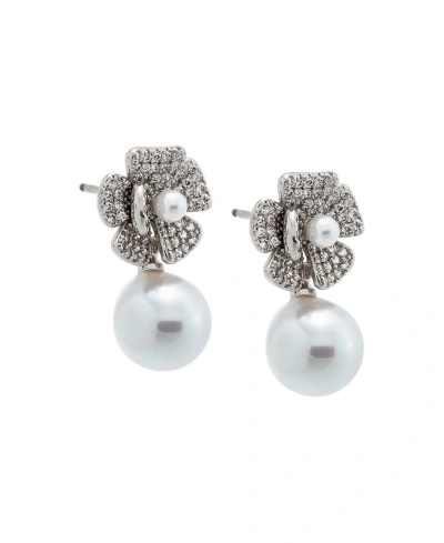 By Adina Eden Pave Dangling Flower Imitation Pearl Stud Earring In Silver