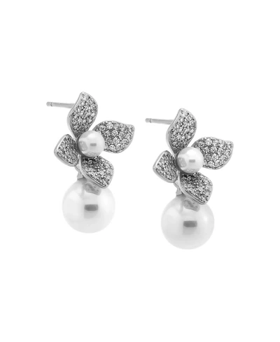 By Adina Eden Pave Four Leaf Dangling Flower Imitation Pearl Stud Earring In White/silver