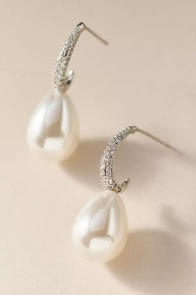 By Adina Eden Pave Teardrop Pearl Hoop Earrings In Silver