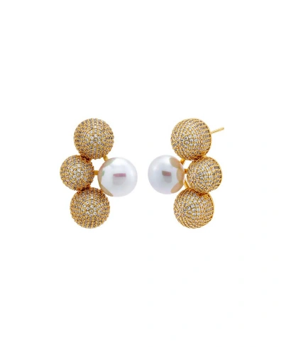 By Adina Eden Pave Triple Ball X Imitation Pearl On The Ear Stud Earring In Gold