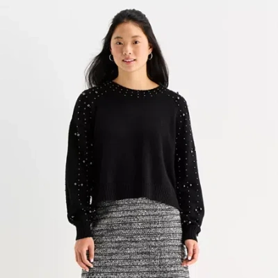 By & By By&by Juniors Womens Crew Neck Embellished Long Sleeve Pullover Sweater In Black