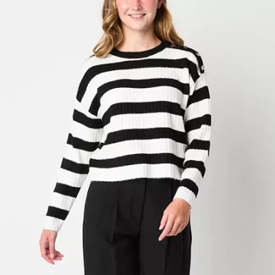 By & By By&by Juniors Womens Crew Neck Long Sleeve Striped Pullover Sweater In Black