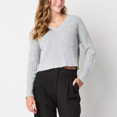 By & By By&by Juniors Womens V Neck Embellished Long Sleeve Pullover Sweater In Gray