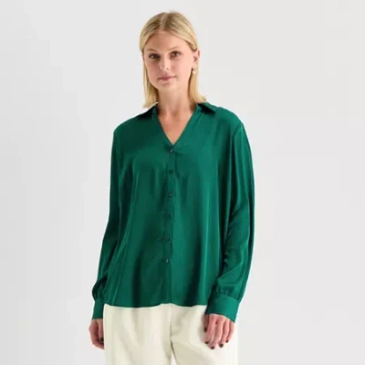 By & By By&by Womens Juniors Drop Shoulder Long Sleeve Regular Fit Button-down Shirt In Green