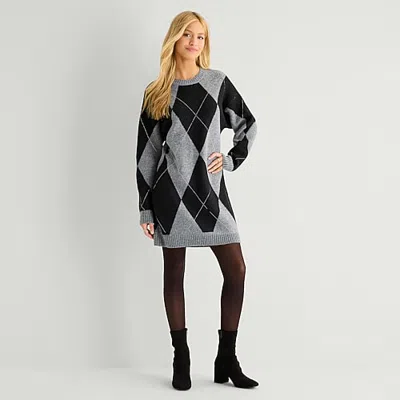 By & By By&by Womens Juniors Long Sleeve Argyle Sweater Dress In Gray